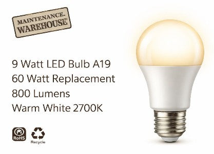 Case of 8 60-Watt (9W) LED A19 Bulb – Warm White 2700K