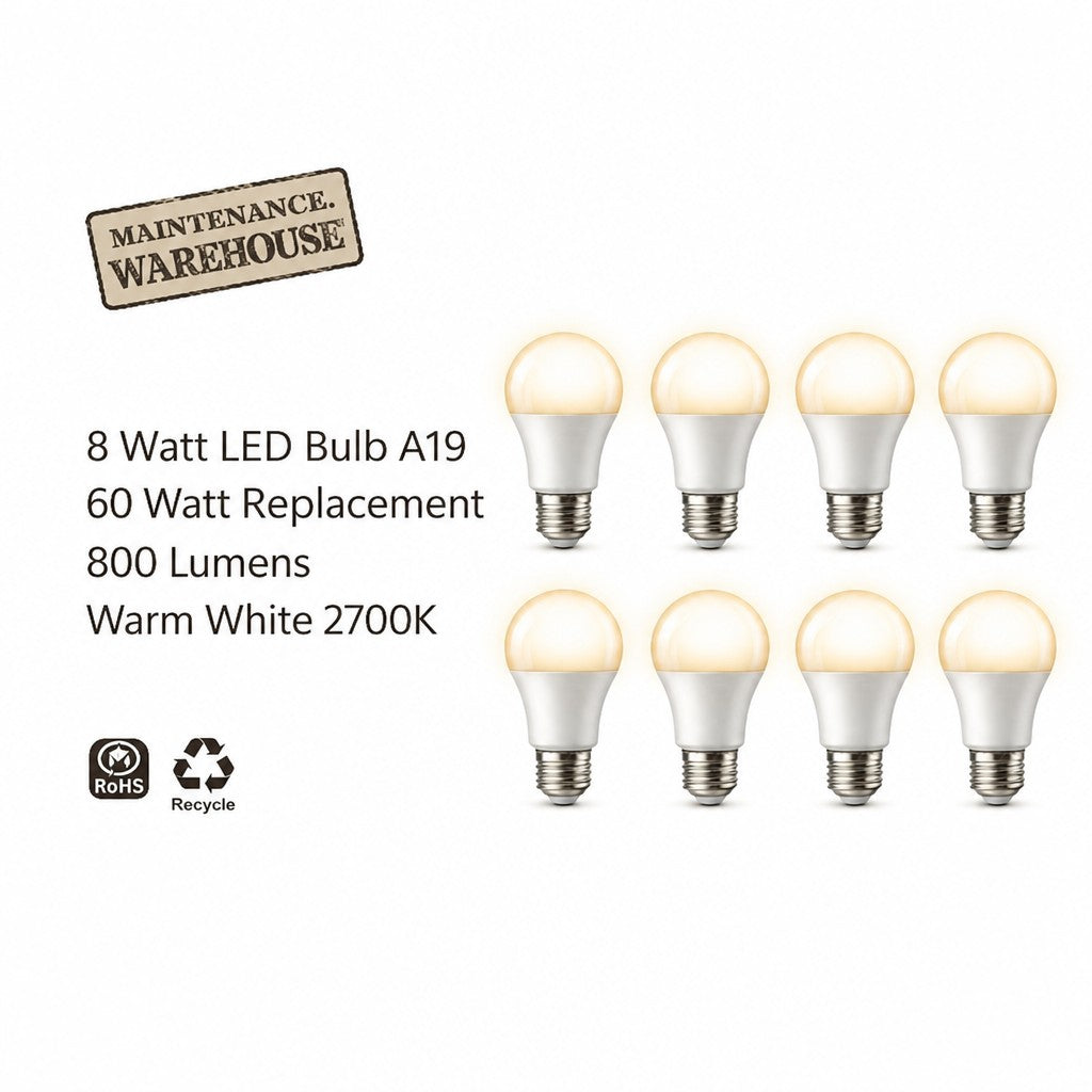 Case of 8 60-Watt (9W) LED A19 Bulb – Warm White 2700K