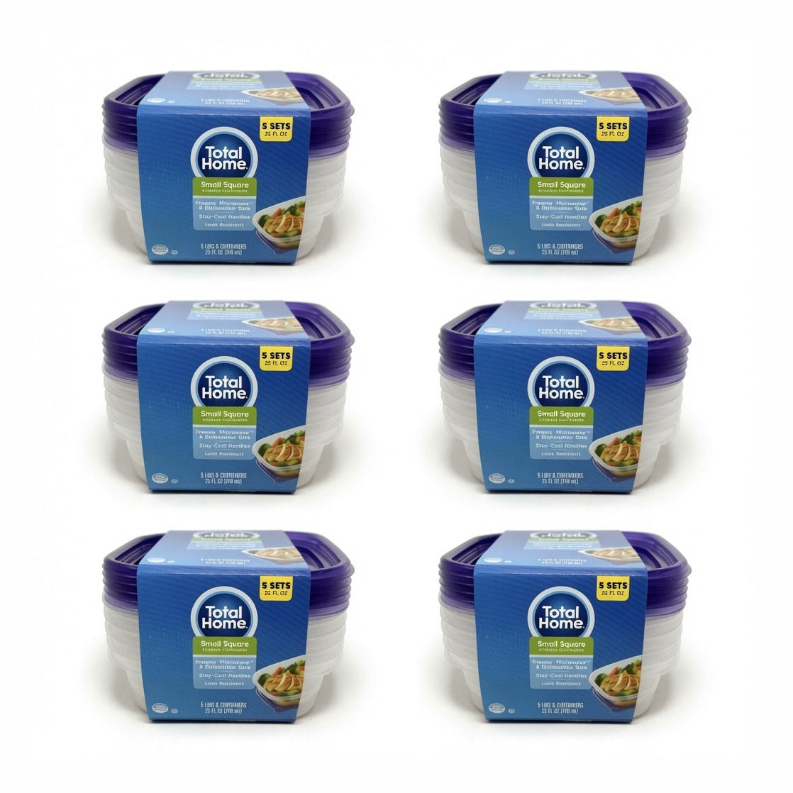 Case of 6 Packs - Total Home Small Square Food Storage Containers 5-Count (30 Total Sets)