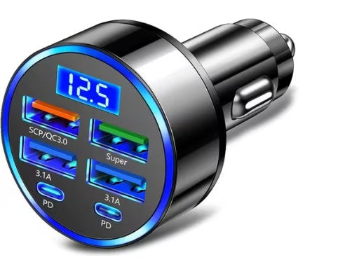 Premium 6-Port Fast Car Charger –4 USB-A + 2 USB-C