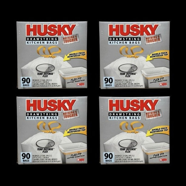 Case of 4 Boxes - Husky Drawstring Kitchen Bags 13 Gallon 90-Count (360 Bags Total)