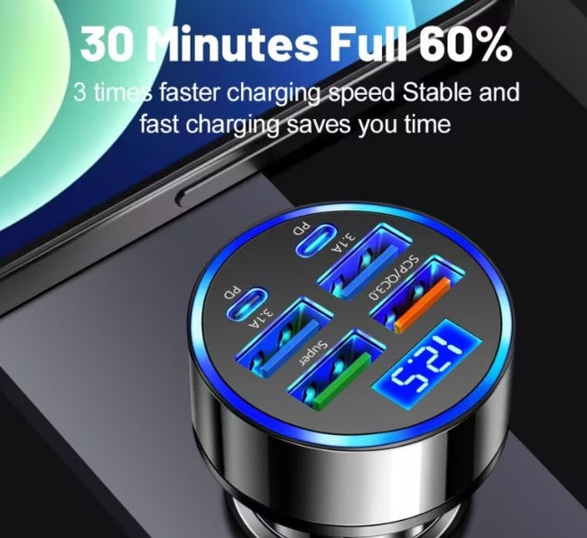 Premium 6-Port Fast Car Charger –4 USB-A + 2 USB-C