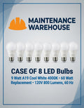 Maintenance Warehouse LED Bulbs – 9 Watt A19 Cool White 4000K – Case of 8