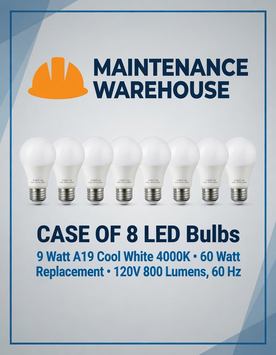 Maintenance Warehouse LED Bulbs – 9 Watt A19 Cool White 4000K – Case of 8