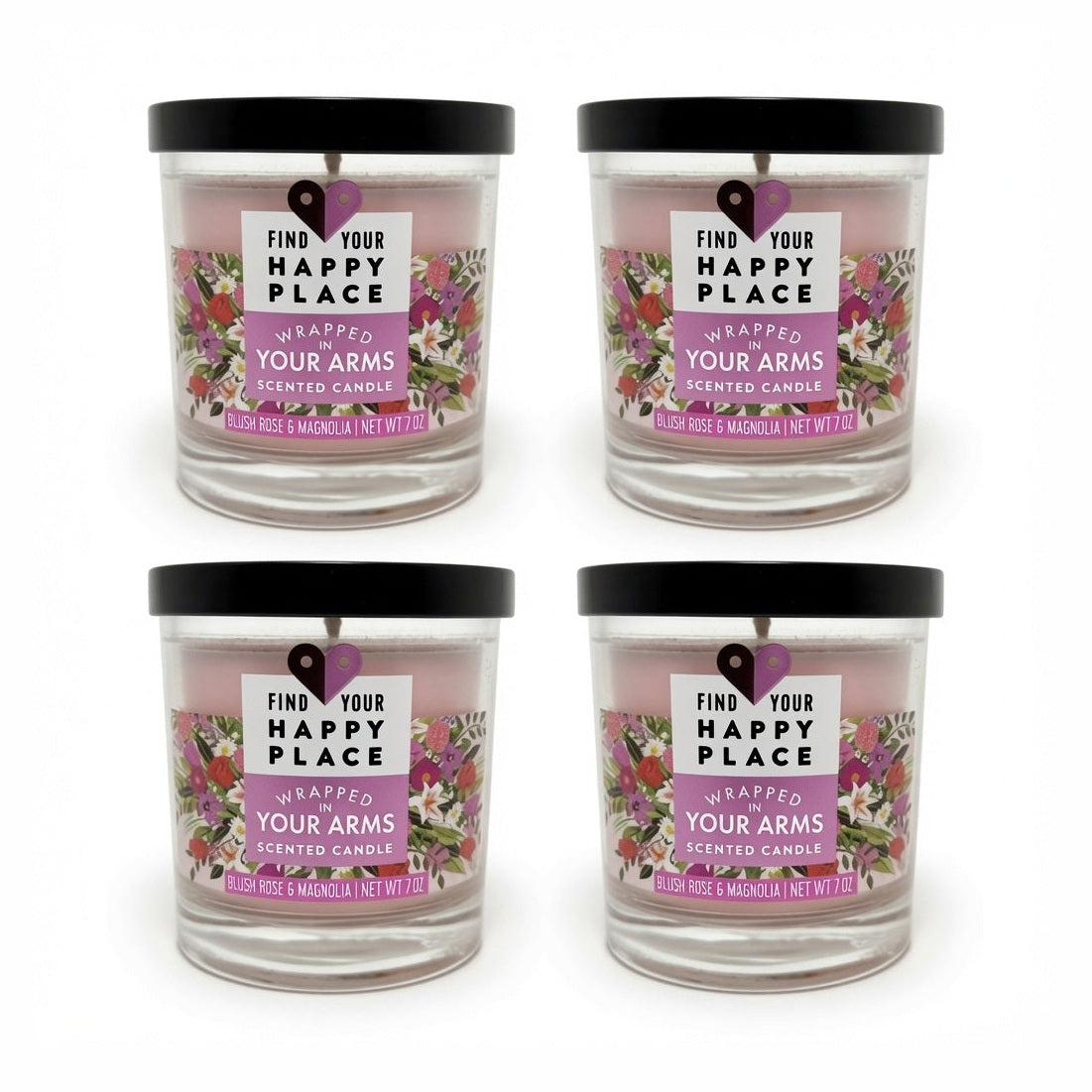 Cs of 4 FIND YOUR HAPPY PLACE SCENTED CANDLE WRAPPED IN YOUR ARMS BLUSH ROSE & MAGNOLIA 7 OZ