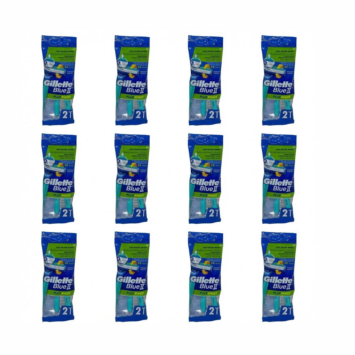 Case of 12 Packs - Gillette Blue II Plus Pivot Disposable Razors 2-Count (24 Razors Total)